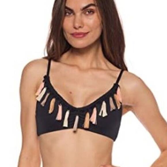 Isabella Rose Neutral Tassle Black Bralette Triangle Bikini Swim Top Sz S - Picture 1 of 8